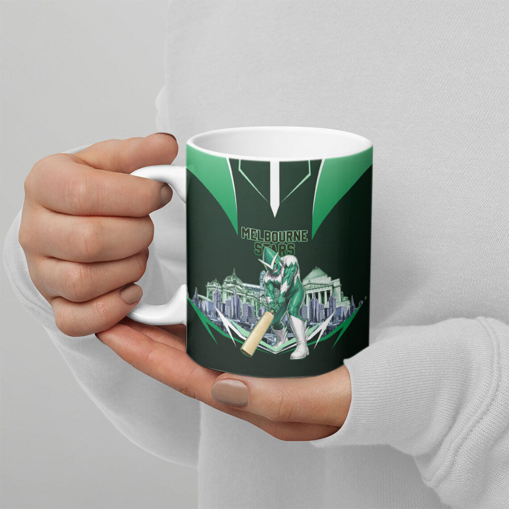 Personalised Melbourne Stars Cricket Mascot Skyline Ceramic Mug Comic Style Superhero Mascot Fan Art Graphic