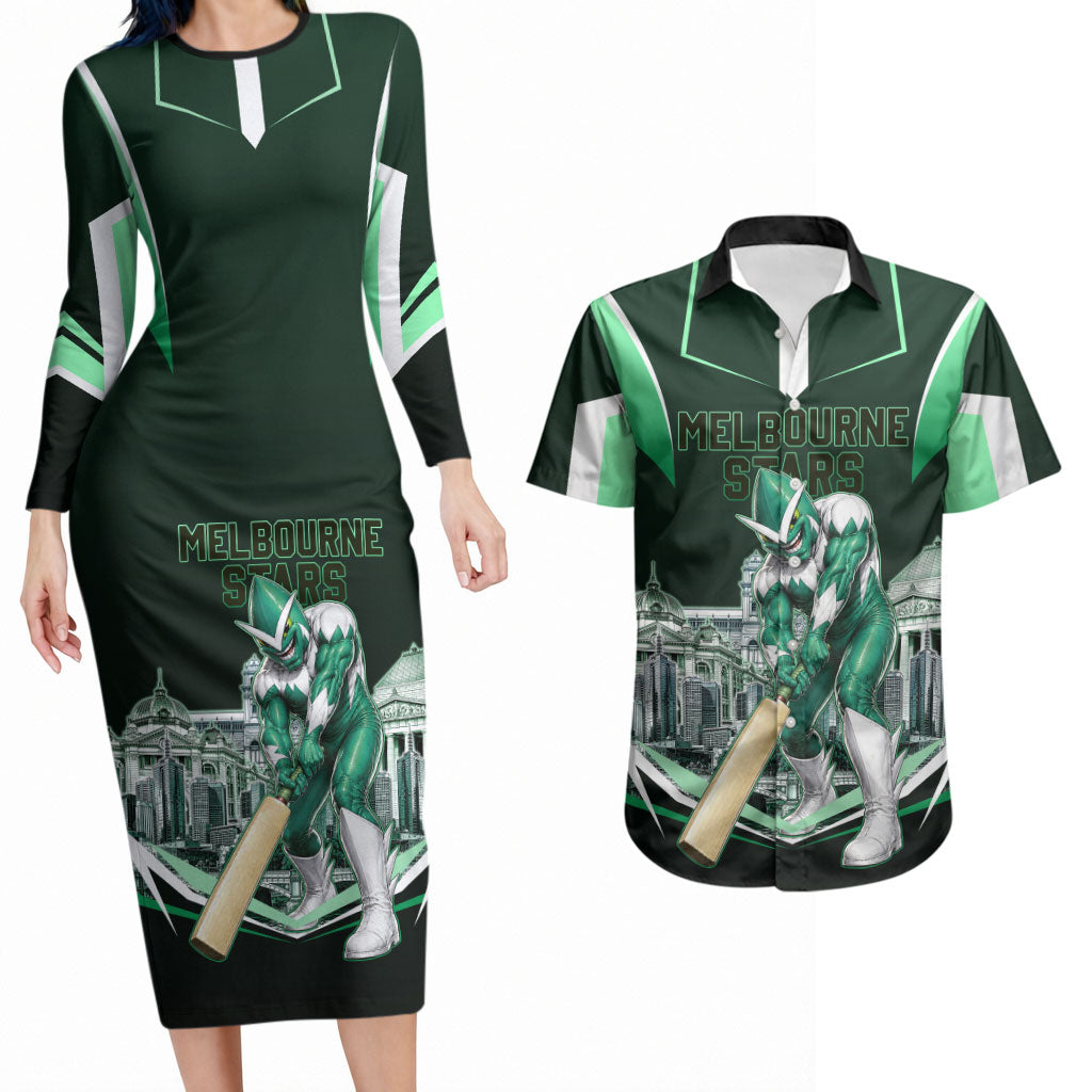 Personalised Melbourne Stars Cricket Mascot Skyline Couples Matching Long Sleeve Bodycon Dress and Hawaiian Shirt Comic Style Superhero Mascot Fan Art Graphic