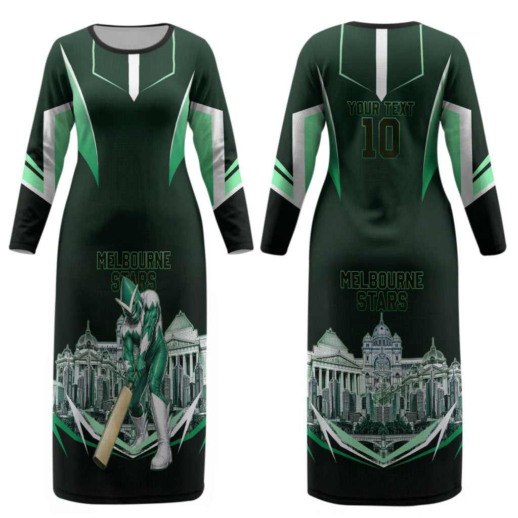 Personalised Melbourne Stars Cricket Mascot Skyline Couples Matching Long Sleeve Bodycon Dress and Hawaiian Shirt Comic Style Superhero Mascot Fan Art Graphic