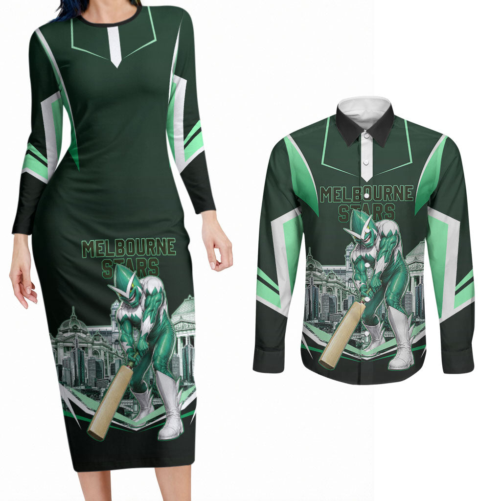 Personalised Melbourne Stars Cricket Mascot Skyline Couples Matching Long Sleeve Bodycon Dress and Long Sleeve Button Shirt Comic Style Superhero Mascot Fan Art Graphic
