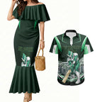 Personalised Melbourne Stars Cricket Mascot Skyline Couples Matching Mermaid Dress and Hawaiian Shirt Comic Style Superhero Mascot Fan Art Graphic