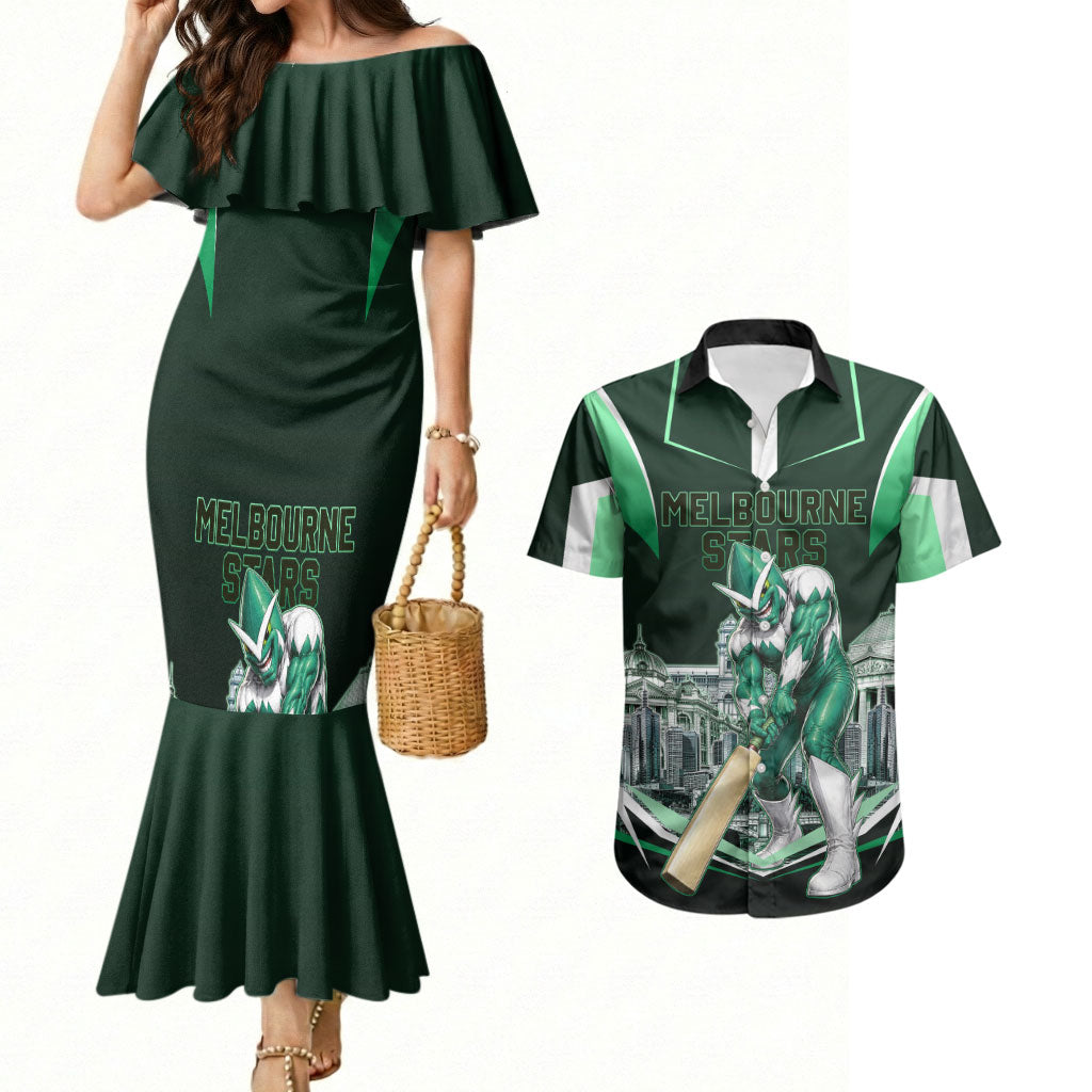 Personalised Melbourne Stars Cricket Mascot Skyline Couples Matching Mermaid Dress and Hawaiian Shirt Comic Style Superhero Mascot Fan Art Graphic