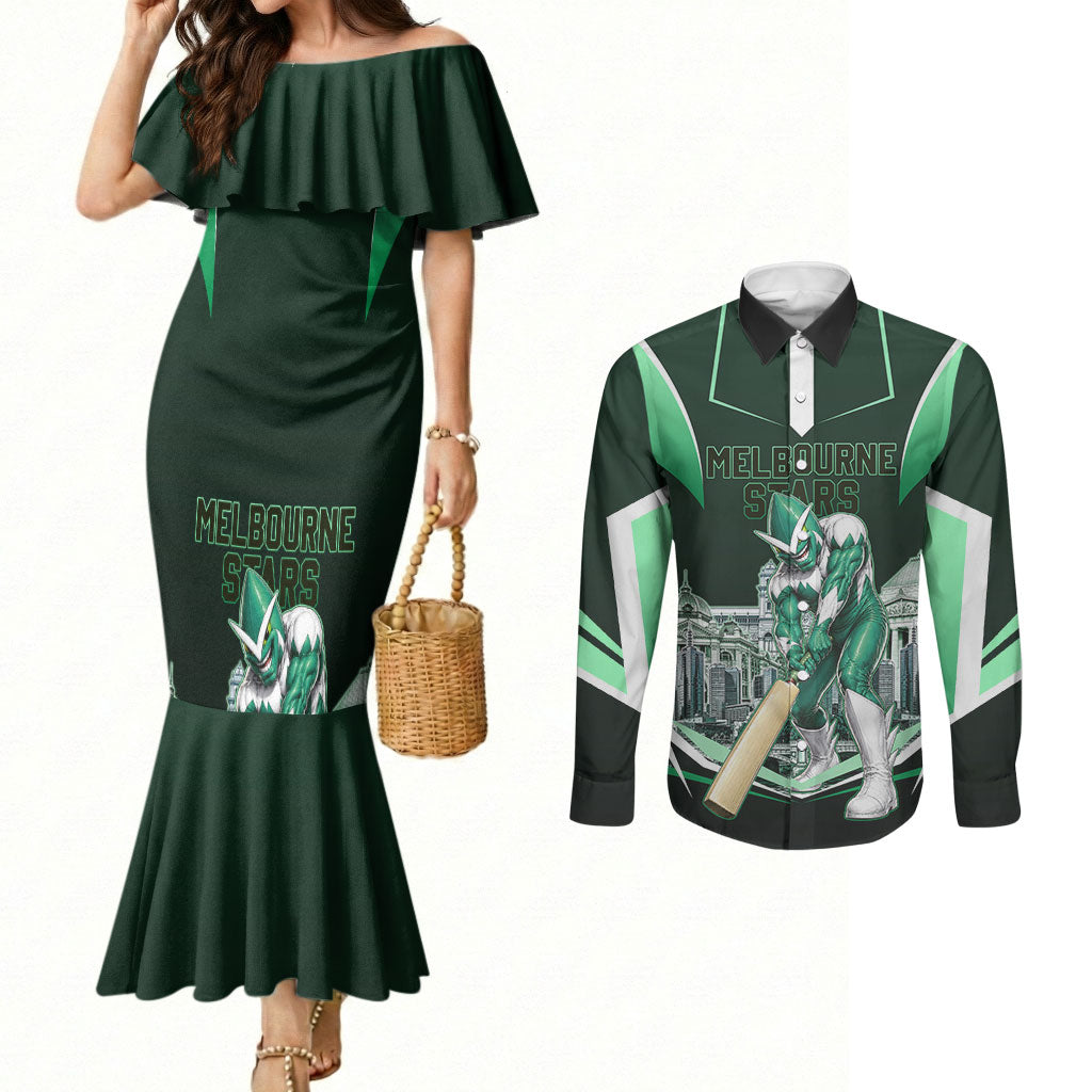 Personalised Melbourne Stars Cricket Mascot Skyline Couples Matching Mermaid Dress and Long Sleeve Button Shirt Comic Style Superhero Mascot Fan Art Graphic