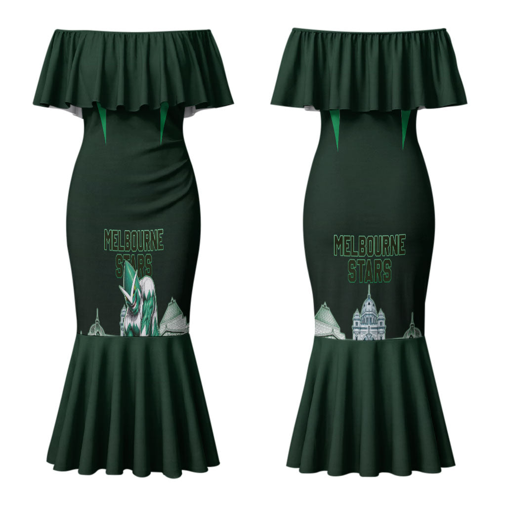 Personalised Melbourne Stars Cricket Mascot Skyline Couples Matching Mermaid Dress and Long Sleeve Button Shirt Comic Style Superhero Mascot Fan Art Graphic