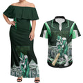 Personalised Melbourne Stars Cricket Mascot Skyline Couples Matching Off Shoulder Maxi Dress and Hawaiian Shirt Comic Style Superhero Mascot Fan Art Graphic