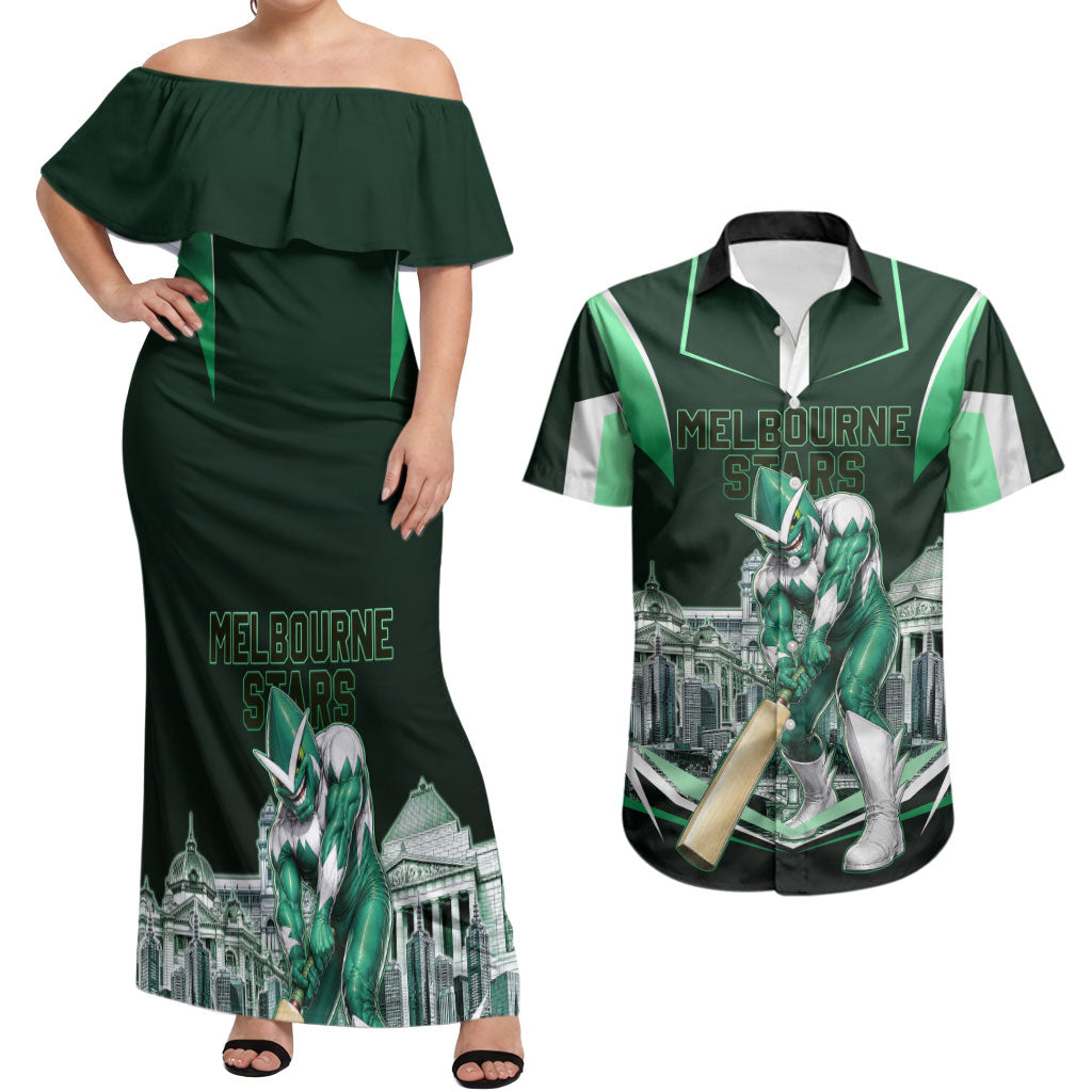 Personalised Melbourne Stars Cricket Mascot Skyline Couples Matching Off Shoulder Maxi Dress and Hawaiian Shirt Comic Style Superhero Mascot Fan Art Graphic