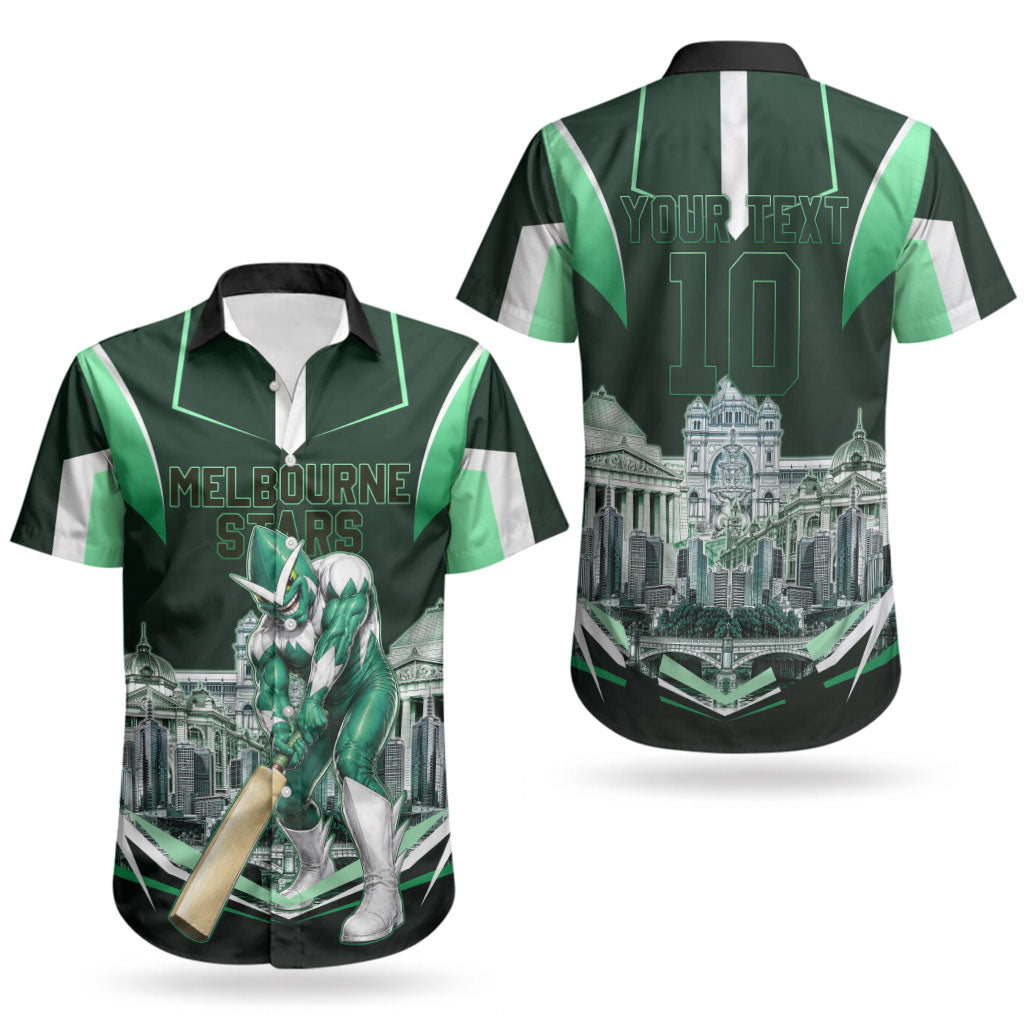 Personalised Melbourne Stars Cricket Mascot Skyline Couples Matching Off Shoulder Maxi Dress and Hawaiian Shirt Comic Style Superhero Mascot Fan Art Graphic
