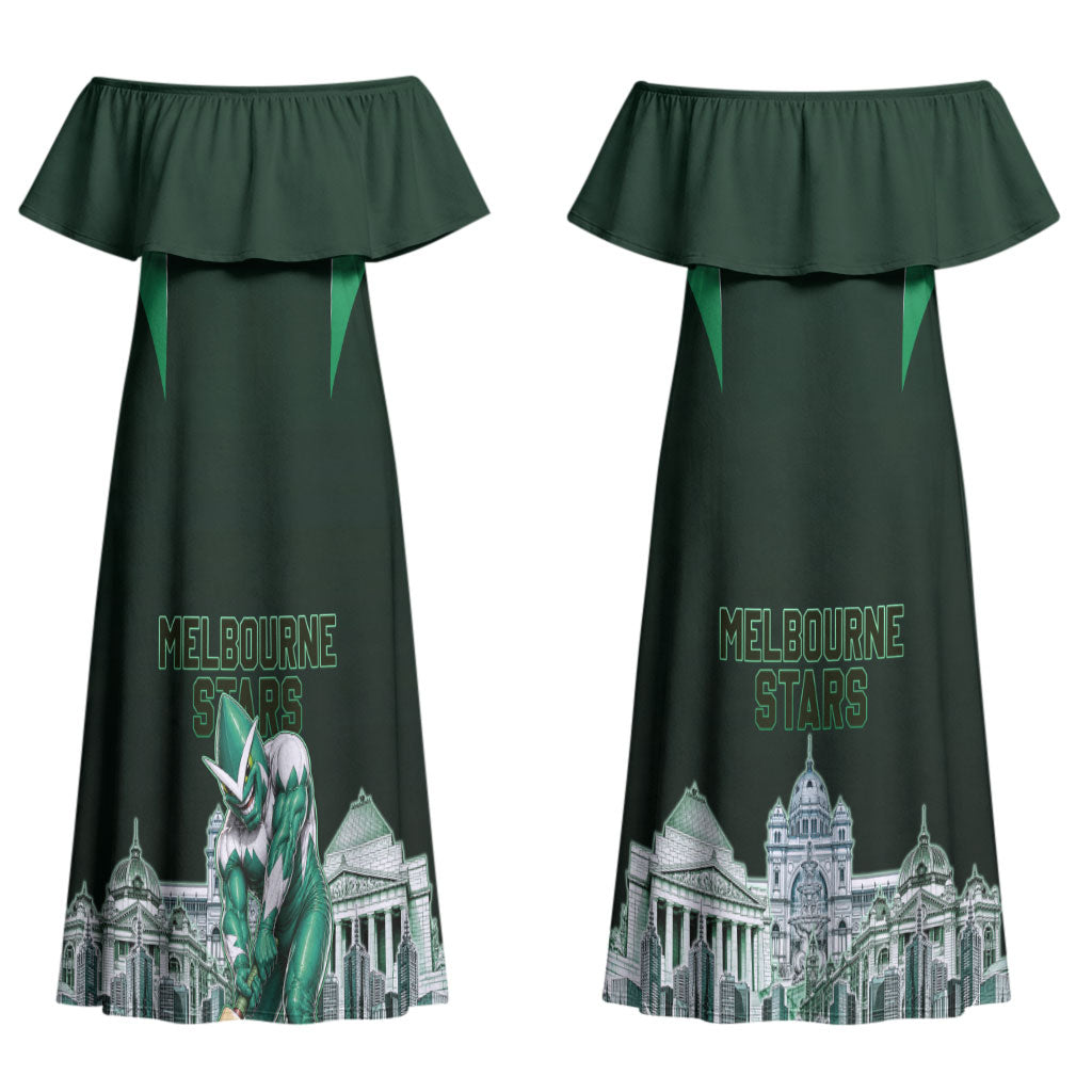 Personalised Melbourne Stars Cricket Mascot Skyline Couples Matching Off Shoulder Maxi Dress and Hawaiian Shirt Comic Style Superhero Mascot Fan Art Graphic