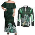Personalised Melbourne Stars Cricket Mascot Skyline Couples Matching Off Shoulder Maxi Dress and Long Sleeve Button Shirt Comic Style Superhero Mascot Fan Art Graphic