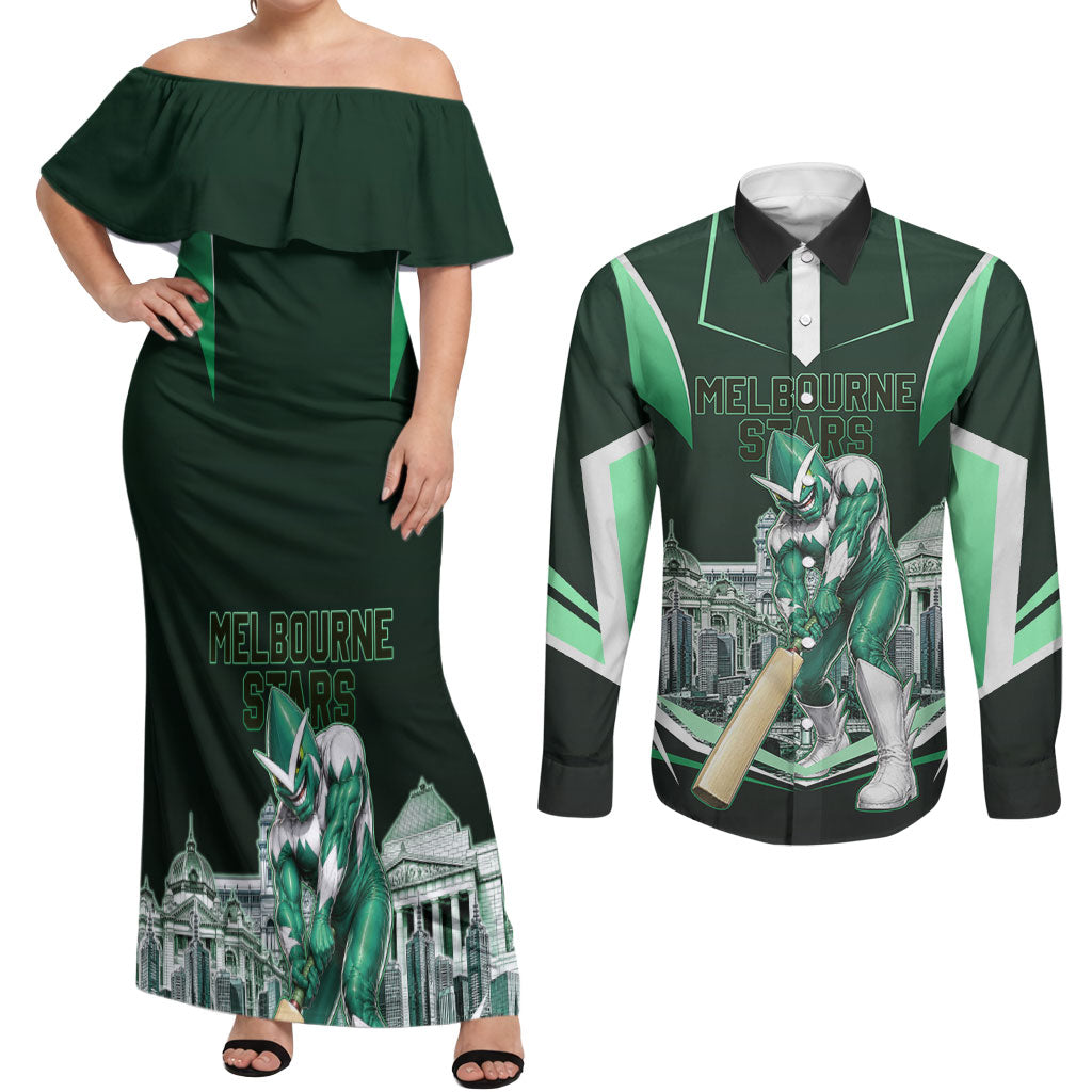 Personalised Melbourne Stars Cricket Mascot Skyline Couples Matching Off Shoulder Maxi Dress and Long Sleeve Button Shirt Comic Style Superhero Mascot Fan Art Graphic