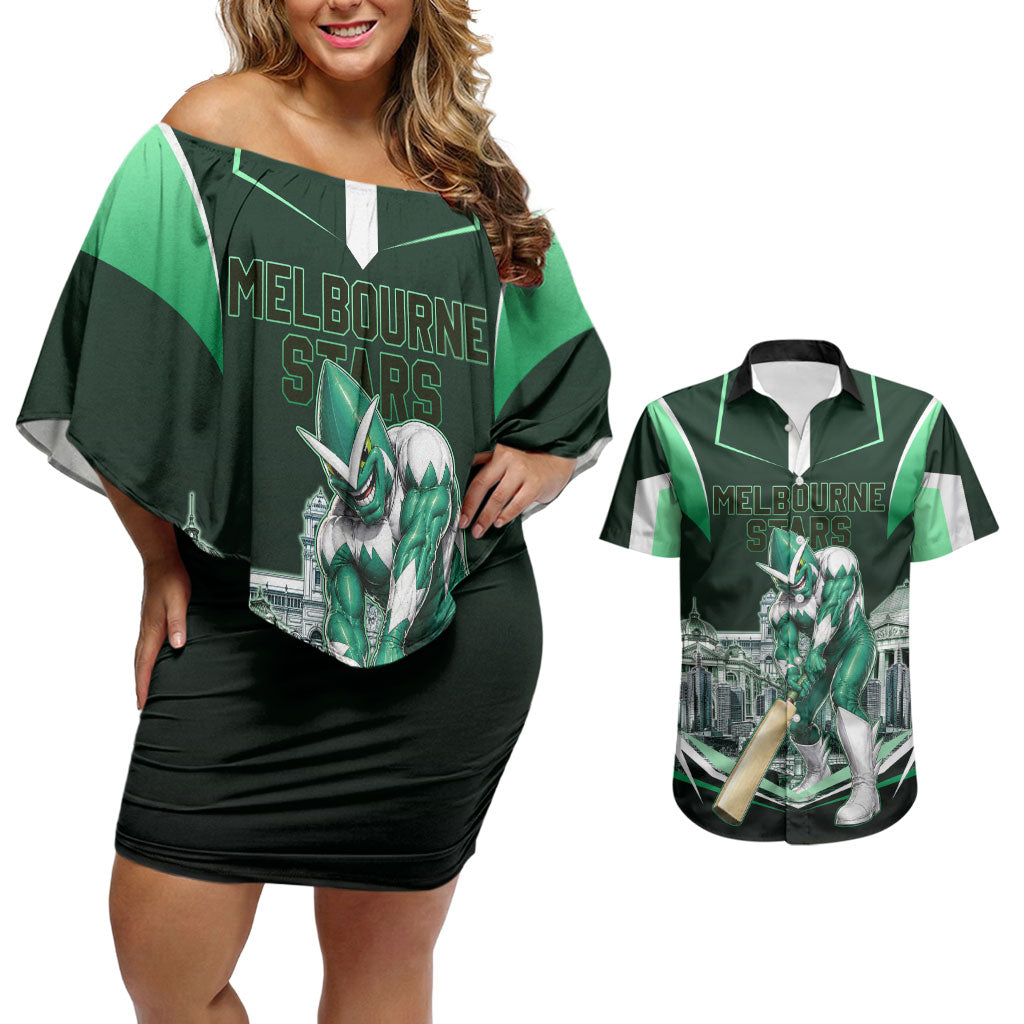 Personalised Melbourne Stars Cricket Mascot Skyline Couples Matching Off Shoulder Short Dress and Hawaiian Shirt Comic Style Superhero Mascot Fan Art Graphic