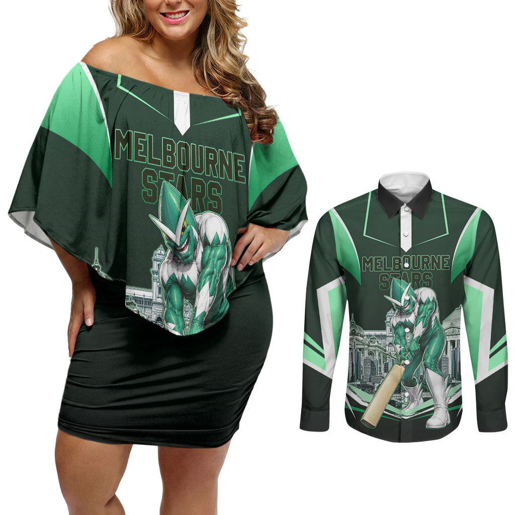 Personalised Melbourne Stars Cricket Mascot Skyline Couples Matching Off Shoulder Short Dress and Long Sleeve Button Shirt Comic Style Superhero Mascot Fan Art Graphic