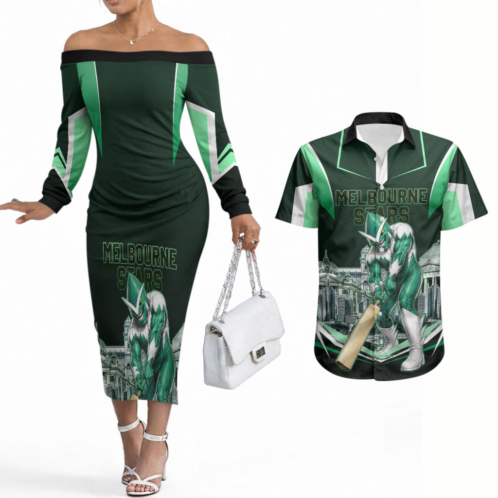 Personalised Melbourne Stars Cricket Mascot Skyline Couples Matching Off The Shoulder Long Sleeve Dress and Hawaiian Shirt Comic Style Superhero Mascot Fan Art Graphic