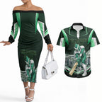 Personalised Melbourne Stars Cricket Mascot Skyline Couples Matching Off The Shoulder Long Sleeve Dress and Hawaiian Shirt Comic Style Superhero Mascot Fan Art Graphic