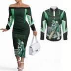 Personalised Melbourne Stars Cricket Mascot Skyline Couples Matching Off The Shoulder Long Sleeve Dress and Long Sleeve Button Shirt Comic Style Superhero Mascot Fan Art Graphic