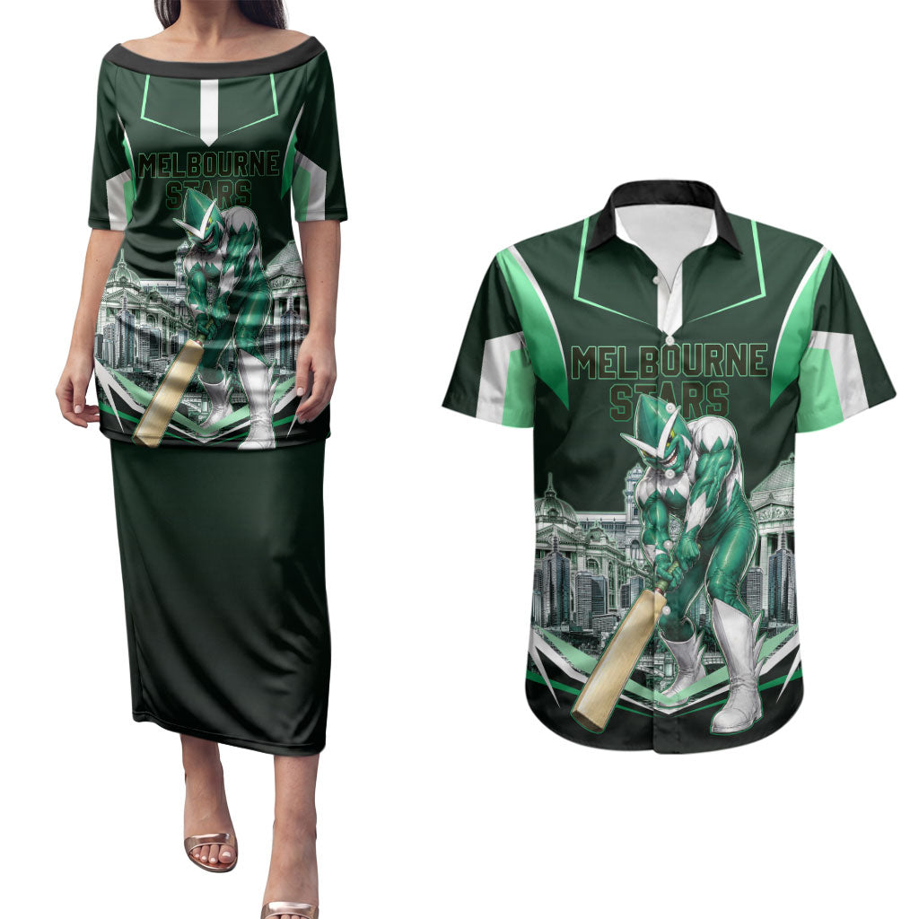 Personalised Melbourne Stars Cricket Mascot Skyline Couples Matching Puletasi and Hawaiian Shirt Comic Style Superhero Mascot Fan Art Graphic