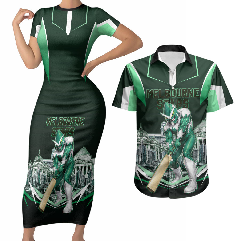 Personalised Melbourne Stars Cricket Mascot Skyline Couples Matching Short Sleeve Bodycon Dress and Hawaiian Shirt Comic Style Superhero Mascot Fan Art Graphic