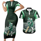 Personalised Melbourne Stars Cricket Mascot Skyline Couples Matching Short Sleeve Bodycon Dress and Hawaiian Shirt Comic Style Superhero Mascot Fan Art Graphic