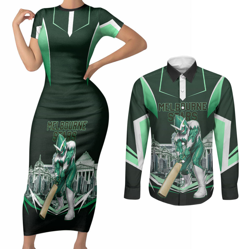 Personalised Melbourne Stars Cricket Mascot Skyline Couples Matching Short Sleeve Bodycon Dress and Long Sleeve Button Shirt Comic Style Superhero Mascot Fan Art Graphic