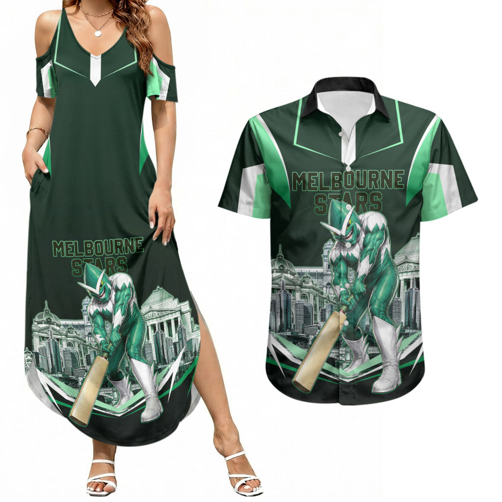 Personalised Melbourne Stars Cricket Mascot Skyline Couples Matching Summer Maxi Dress and Hawaiian Shirt Comic Style Superhero Mascot Fan Art Graphic