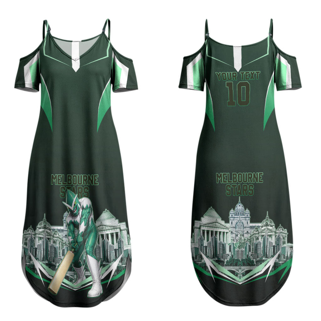 Personalised Melbourne Stars Cricket Mascot Skyline Couples Matching Summer Maxi Dress and Hawaiian Shirt Comic Style Superhero Mascot Fan Art Graphic