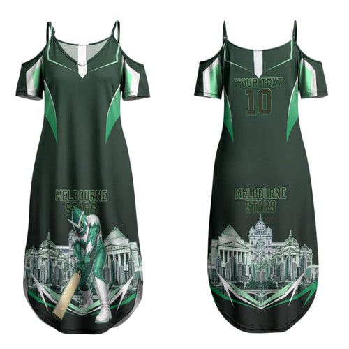 Personalised Melbourne Stars Cricket Mascot Skyline Couples Matching Summer Maxi Dress and Long Sleeve Button Shirt Comic Style Superhero Mascot Fan Art Graphic