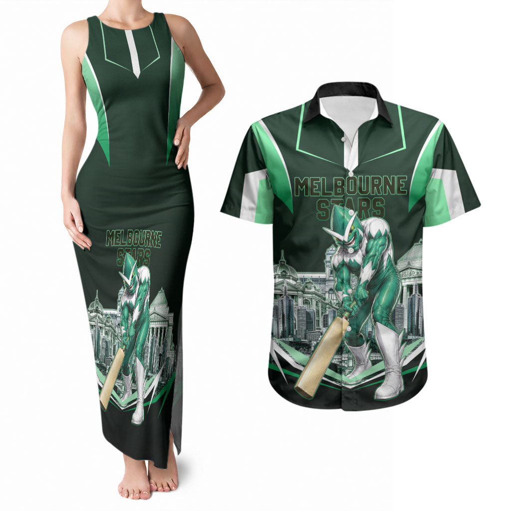 Personalised Melbourne Stars Cricket Mascot Skyline Couples Matching Tank Maxi Dress and Hawaiian Shirt Comic Style Superhero Mascot Fan Art Graphic