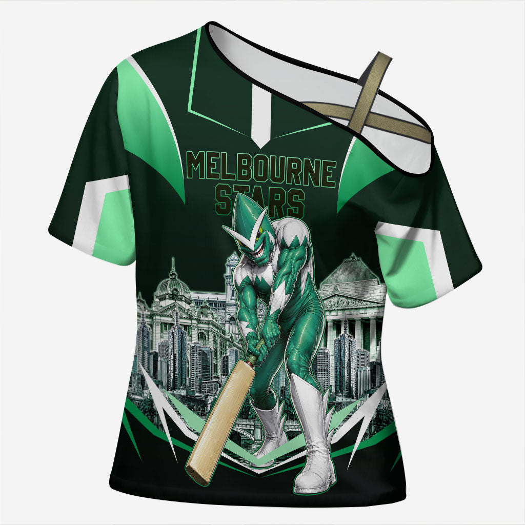 Personalised Melbourne Stars Cricket Mascot Skyline Cross Shoulder Shirt Comic Style Superhero Mascot Fan Art Graphic