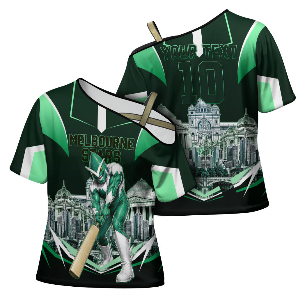 Personalised Melbourne Stars Cricket Mascot Skyline Cross Shoulder Shirt Comic Style Superhero Mascot Fan Art Graphic
