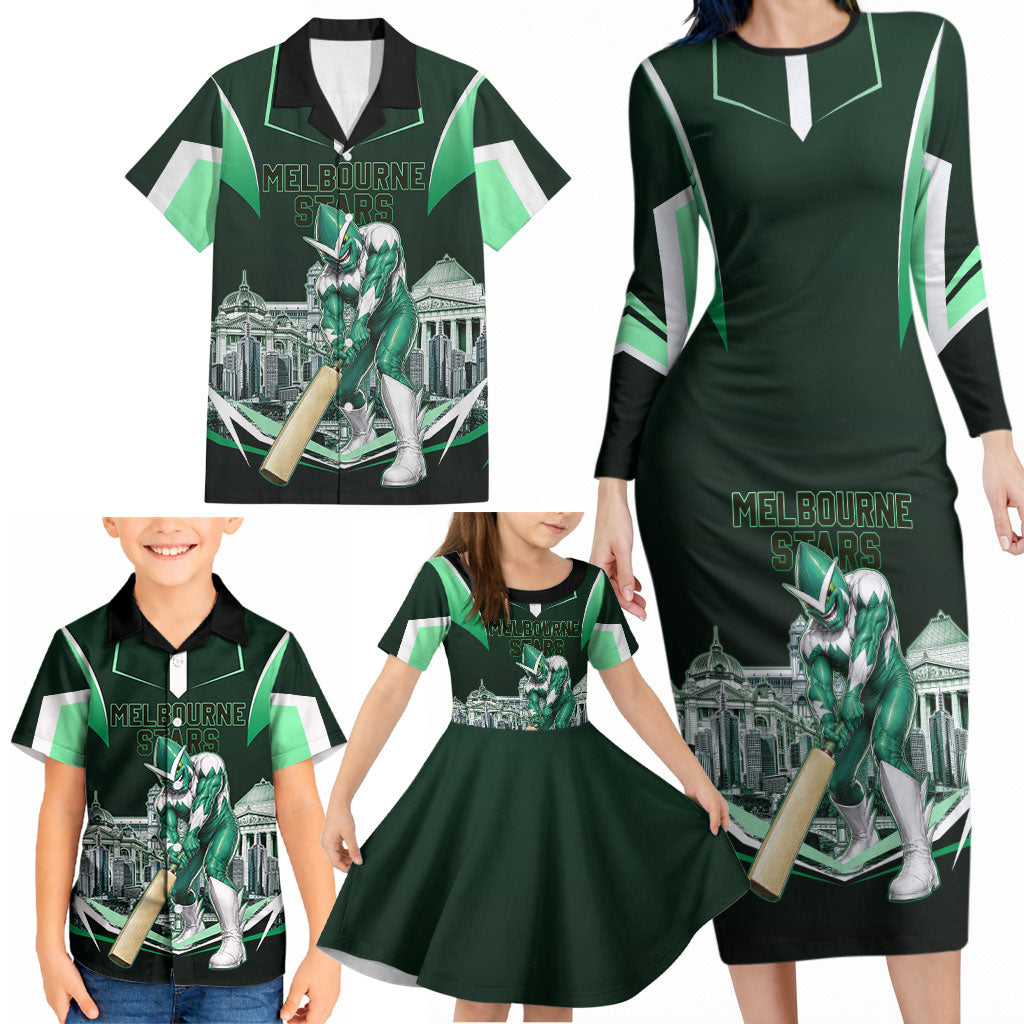 Personalised Melbourne Stars Cricket Mascot Skyline Family Matching Long Sleeve Bodycon Dress and Hawaiian Shirt Comic Style Superhero Mascot Fan Art Graphic