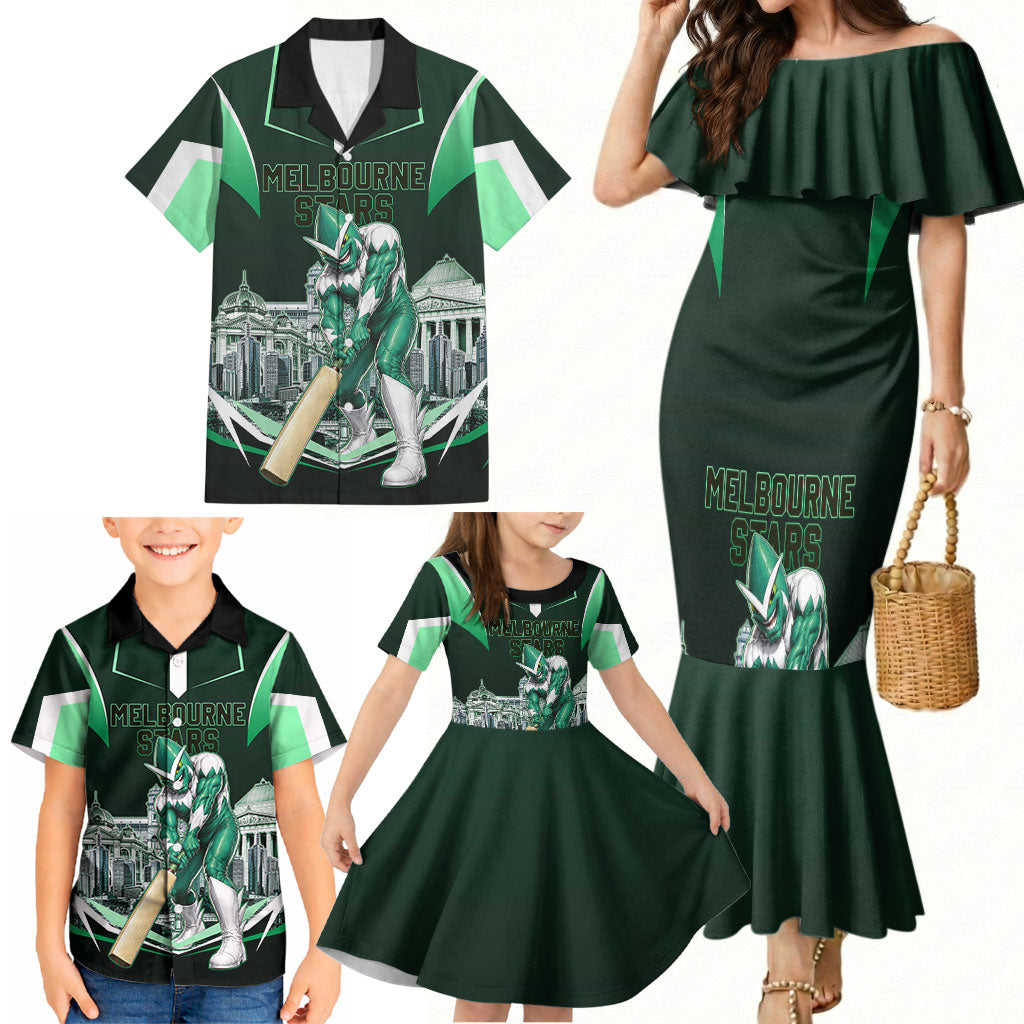 Personalised Melbourne Stars Cricket Mascot Skyline Family Matching Mermaid Dress and Hawaiian Shirt Comic Style Superhero Mascot Fan Art Graphic