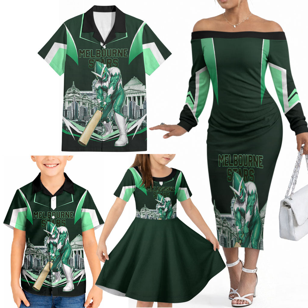 Personalised Melbourne Stars Cricket Mascot Skyline Family Matching Off The Shoulder Long Sleeve Dress and Hawaiian Shirt Comic Style Superhero Mascot Fan Art Graphic