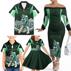 Personalised Melbourne Stars Cricket Mascot Skyline Family Matching Off The Shoulder Long Sleeve Dress and Hawaiian Shirt Comic Style Superhero Mascot Fan Art Graphic
