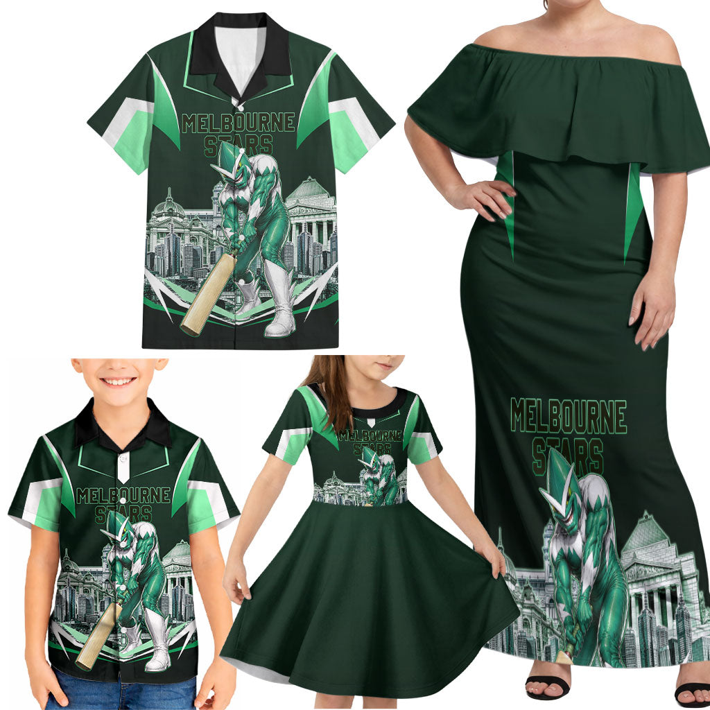 Personalised Melbourne Stars Cricket Mascot Skyline Family Matching Off Shoulder Maxi Dress and Hawaiian Shirt Comic Style Superhero Mascot Fan Art Graphic