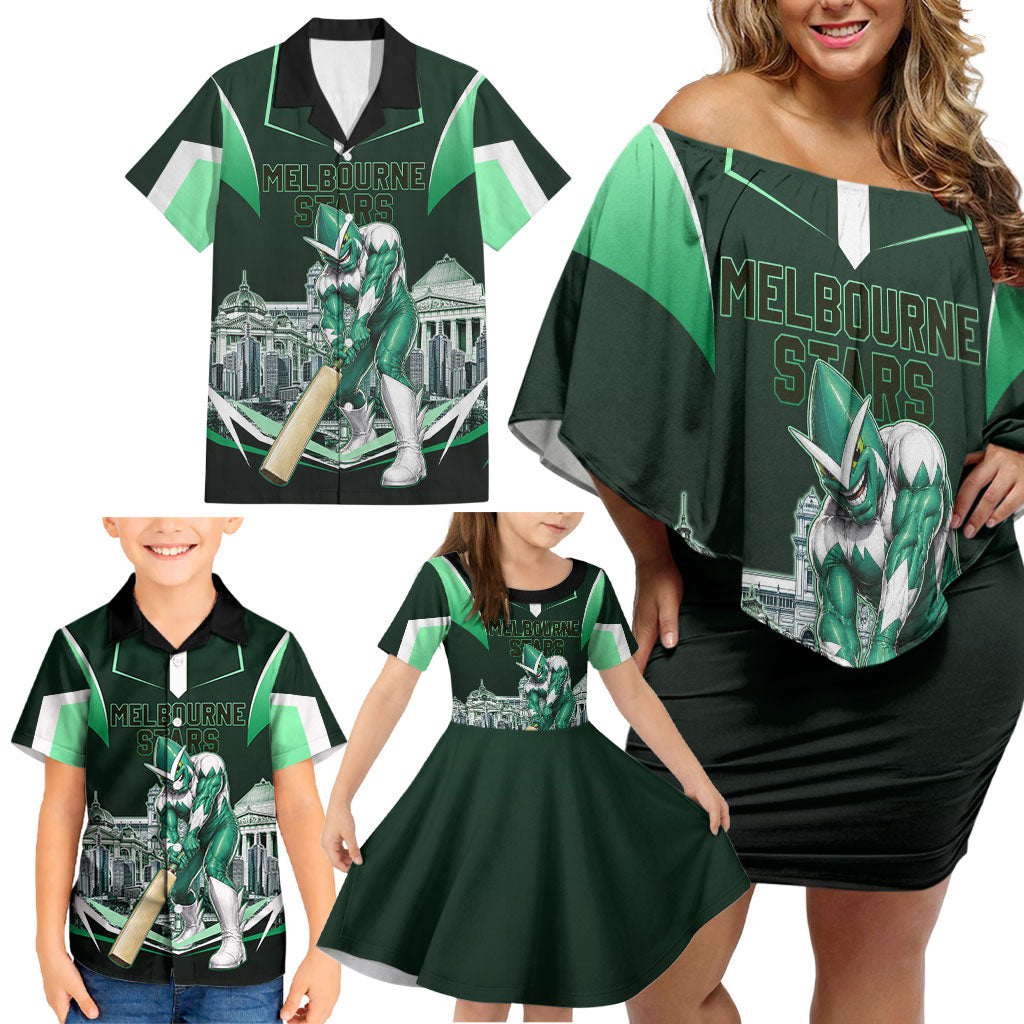Personalised Melbourne Stars Cricket Mascot Skyline Family Matching Off Shoulder Short Dress and Hawaiian Shirt Comic Style Superhero Mascot Fan Art Graphic