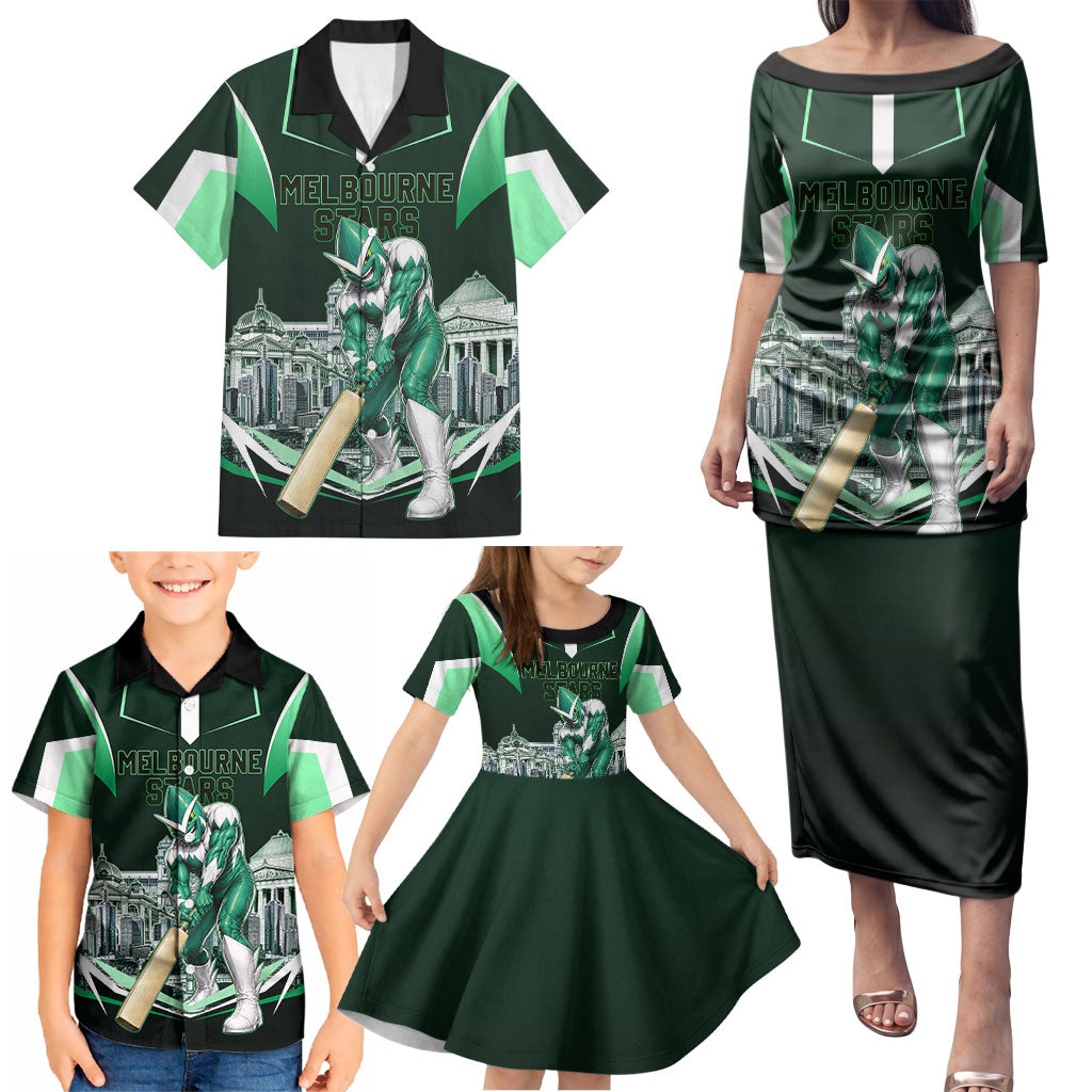 Personalised Melbourne Stars Cricket Mascot Skyline Family Matching Puletasi and Hawaiian Shirt Comic Style Superhero Mascot Fan Art Graphic