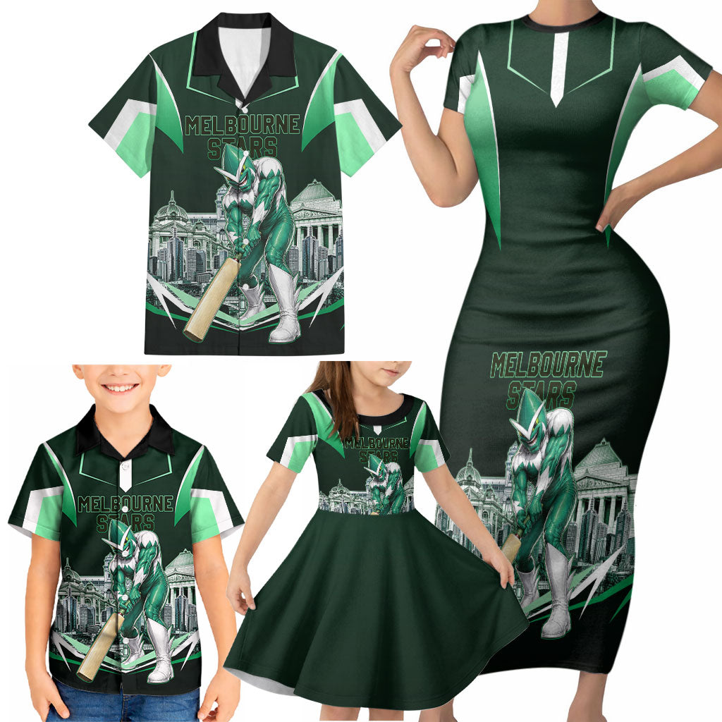 Personalised Melbourne Stars Cricket Mascot Skyline Family Matching Short Sleeve Bodycon Dress and Hawaiian Shirt Comic Style Superhero Mascot Fan Art Graphic