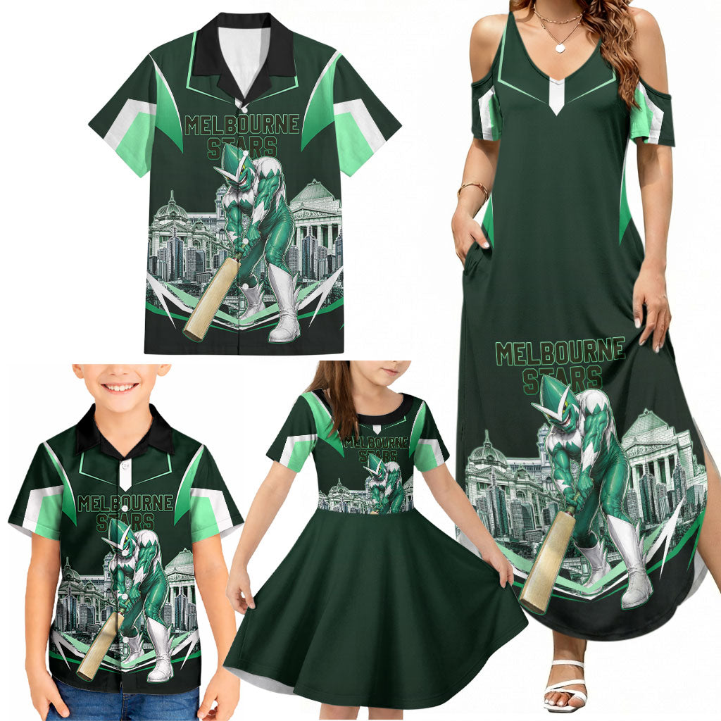 Personalised Melbourne Stars Cricket Mascot Skyline Family Matching Summer Maxi Dress and Hawaiian Shirt Comic Style Superhero Mascot Fan Art Graphic