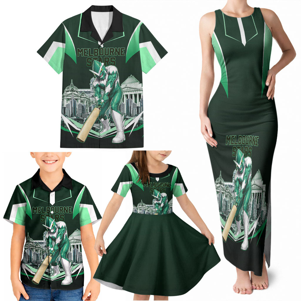 Personalised Melbourne Stars Cricket Mascot Skyline Family Matching Tank Maxi Dress and Hawaiian Shirt Comic Style Superhero Mascot Fan Art Graphic