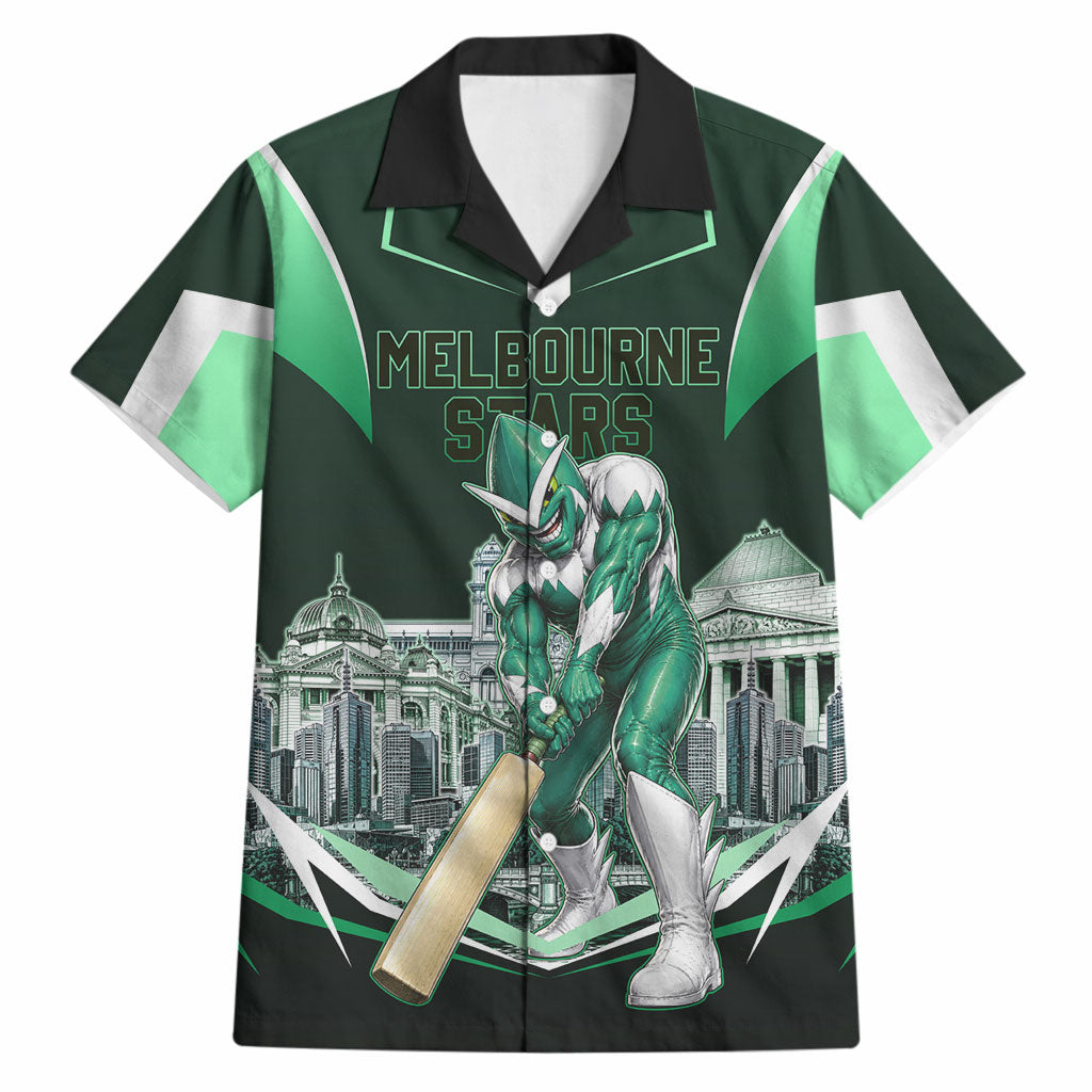 Personalised Melbourne Stars Cricket Mascot Skyline Hawaiian Shirt Comic Style Superhero Mascot Fan Art Graphic