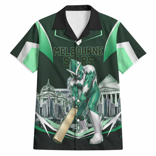 Personalised Melbourne Stars Cricket Mascot Skyline Hawaiian Shirt Comic Style Superhero Mascot Fan Art Graphic