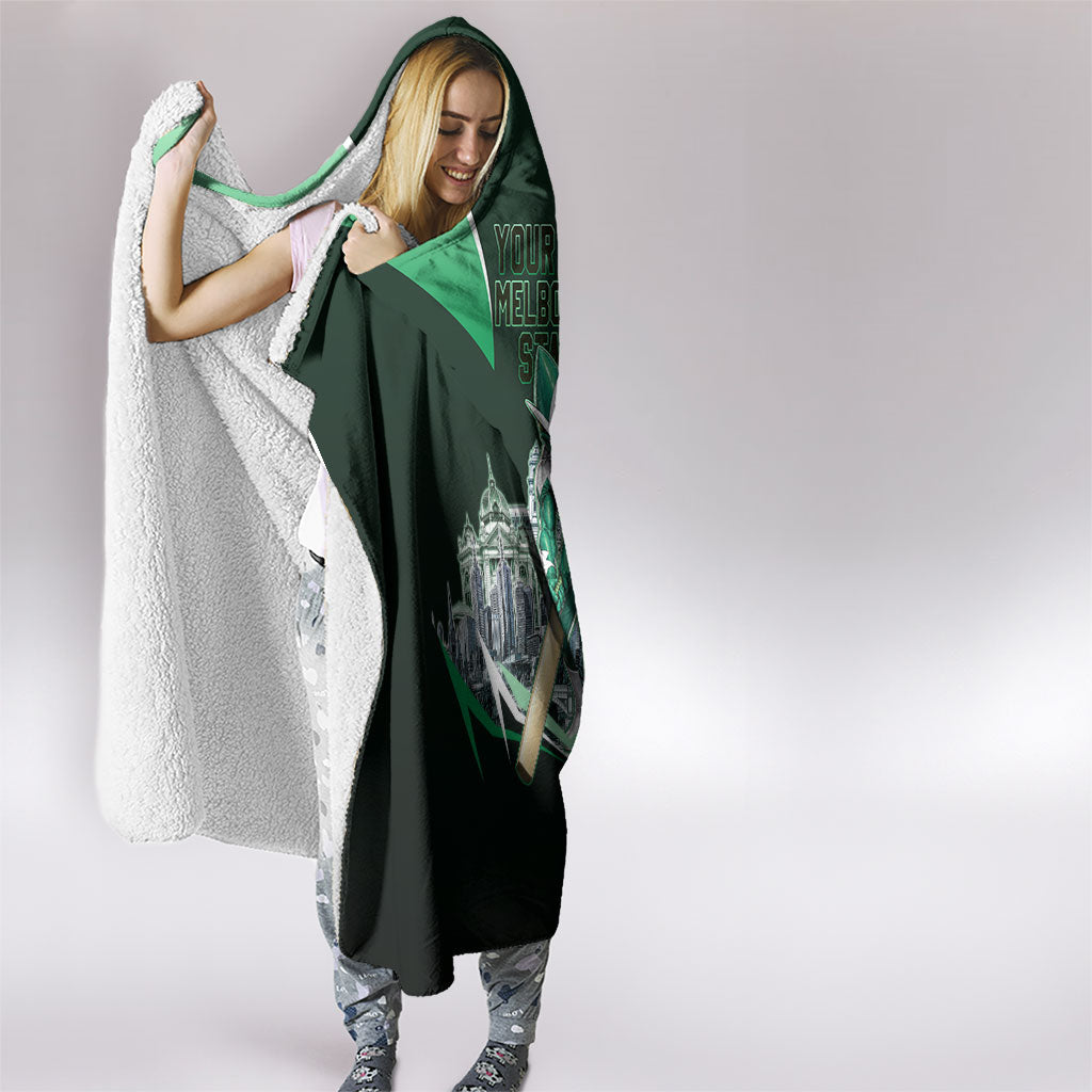 Personalised Melbourne Stars Cricket Mascot Skyline Hooded Blanket Comic Style Superhero Mascot Fan Art Graphic