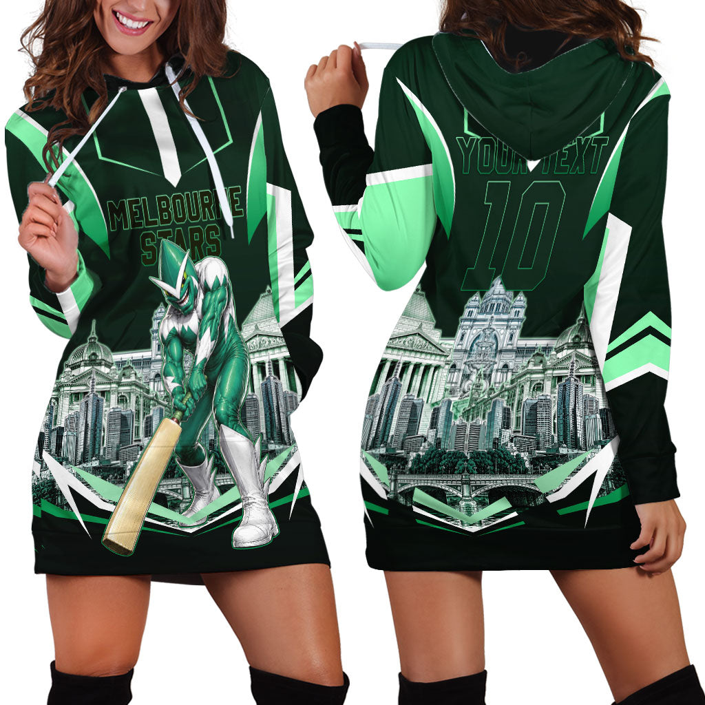 Personalised Melbourne Stars Cricket Mascot Skyline Hoodie Dress Comic Style Superhero Mascot Fan Art Graphic