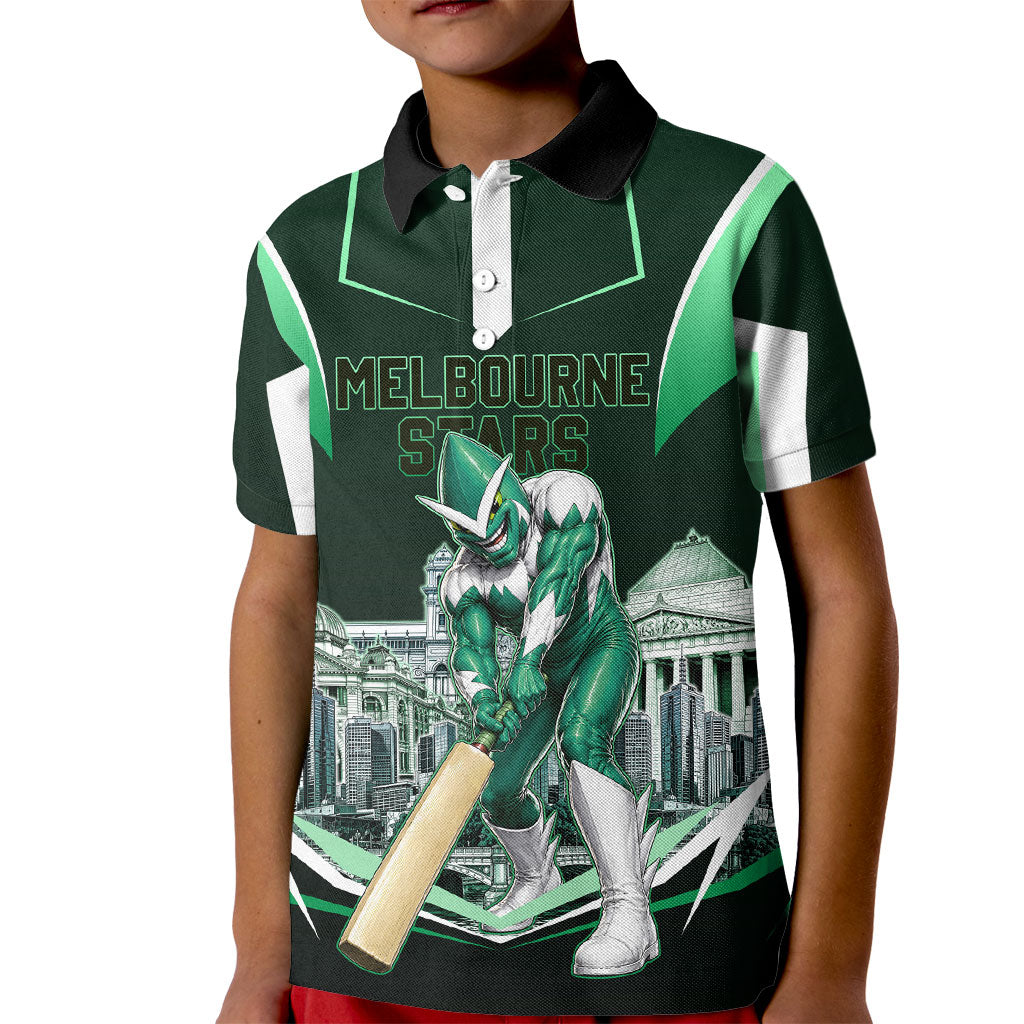 Personalised Melbourne Stars Cricket Mascot Skyline Kid Polo Shirt Comic Style Superhero Mascot Fan Art Graphic