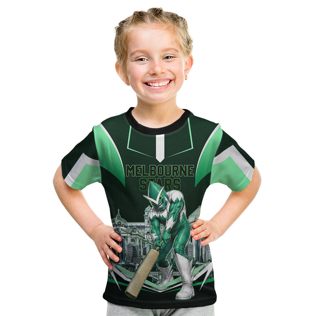 Personalised Melbourne Stars Cricket Mascot Skyline Kid T Shirt Comic Style Superhero Mascot Fan Art Graphic