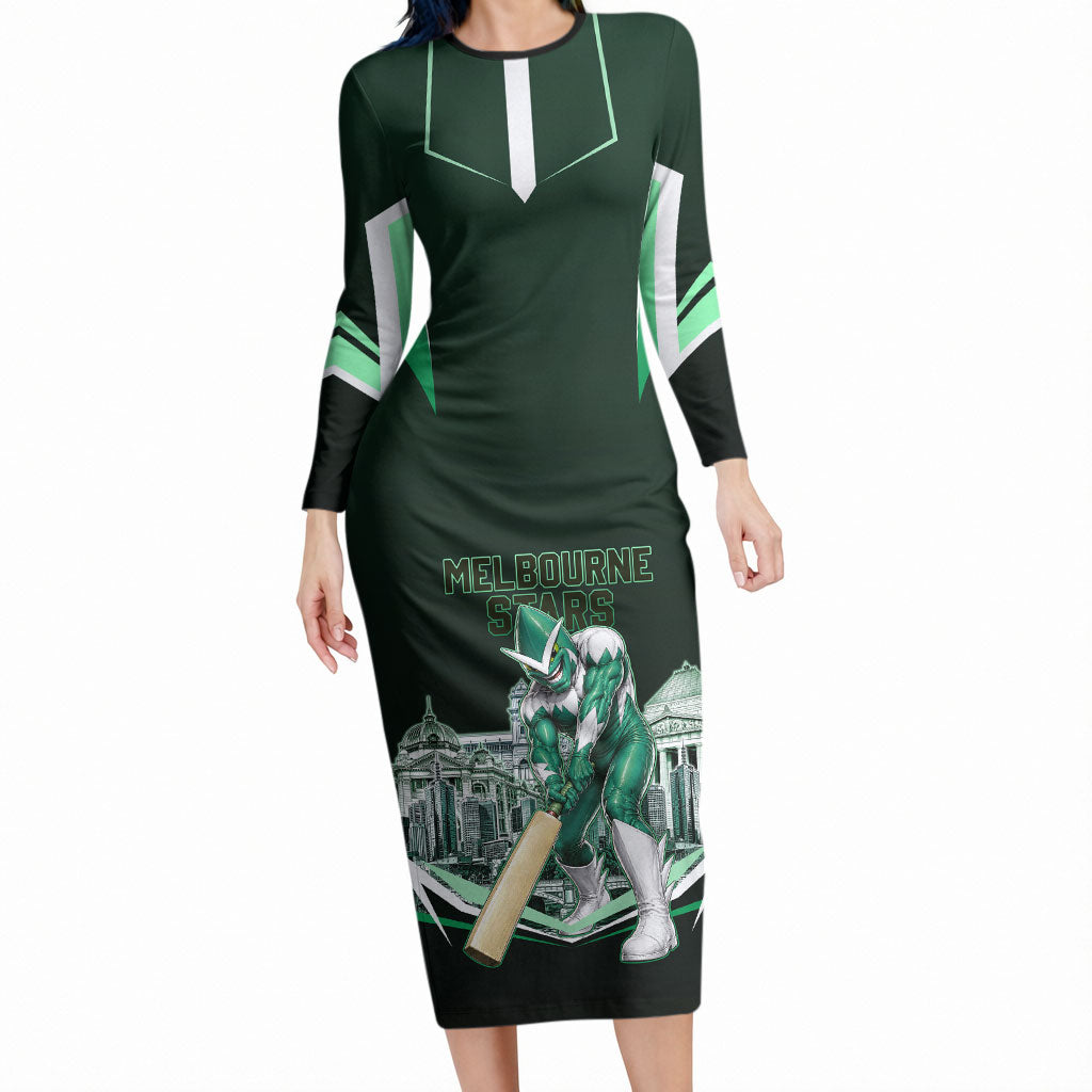 Personalised Melbourne Stars Cricket Mascot Skyline Long Sleeve Bodycon Dress Comic Style Superhero Mascot Fan Art Graphic