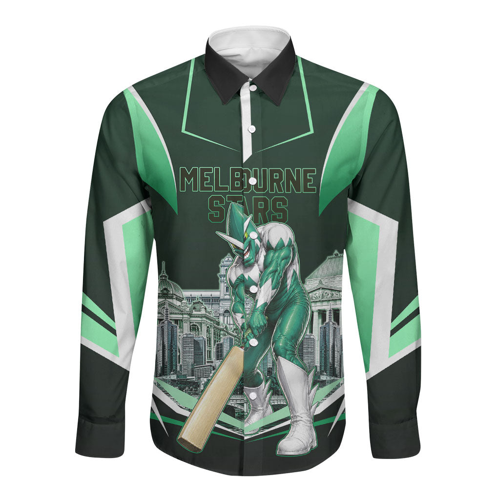 Personalised Melbourne Stars Cricket Mascot Skyline Long Sleeve Button Shirt Comic Style Superhero Mascot Fan Art Graphic