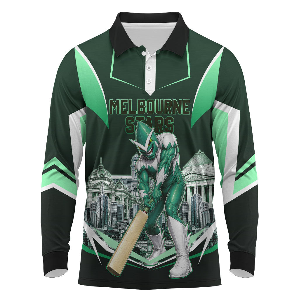 Personalised Melbourne Stars Cricket Mascot Skyline Long Sleeve Polo Shirt Comic Style Superhero Mascot Fan Art Graphic