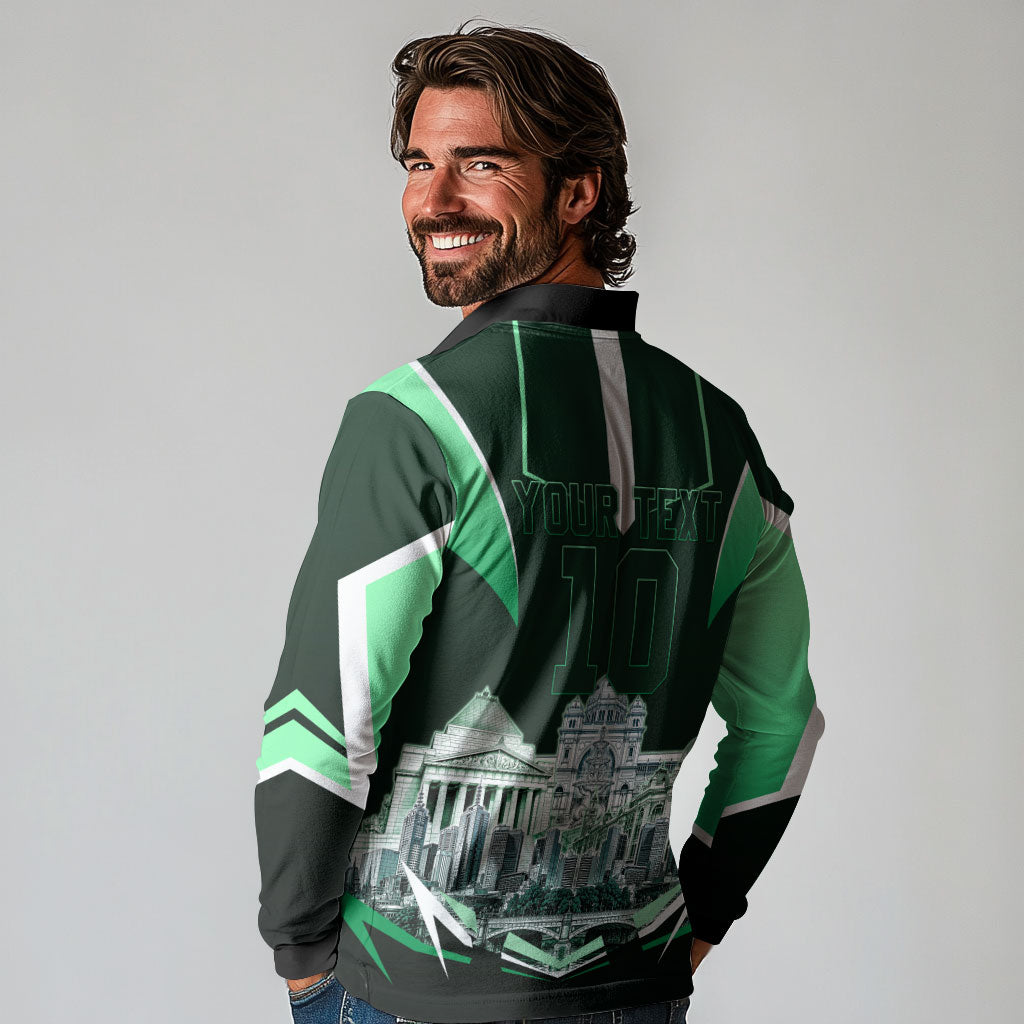 Personalised Melbourne Stars Cricket Mascot Skyline Long Sleeve Polo Shirt Comic Style Superhero Mascot Fan Art Graphic