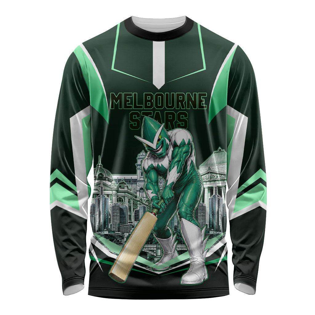 Personalised Melbourne Stars Cricket Mascot Skyline Long Sleeve Shirt Comic Style Superhero Mascot Fan Art Graphic